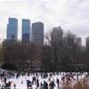 Wollman Rink Ice Skating sullo sfondo di uno Skyline mozzafiato STATI UNITI D'AMERICA 