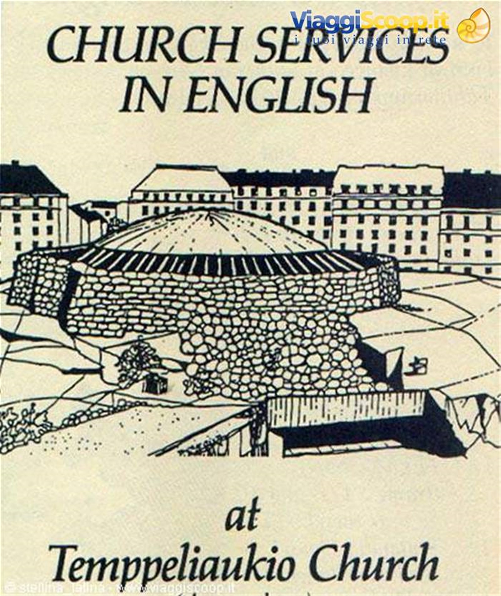 Helsinki, la chiesa temppeliaukio in un volantino