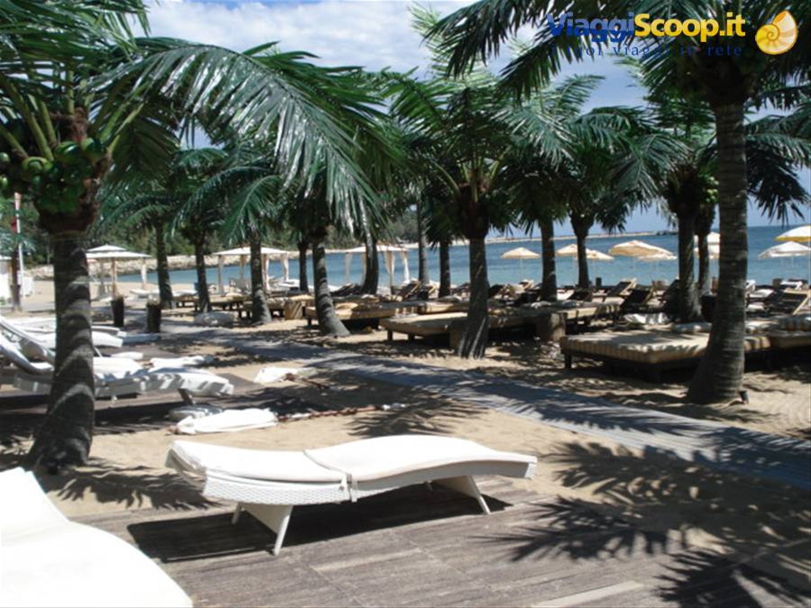 spiaggia kitsch a Varna con palme di plastica