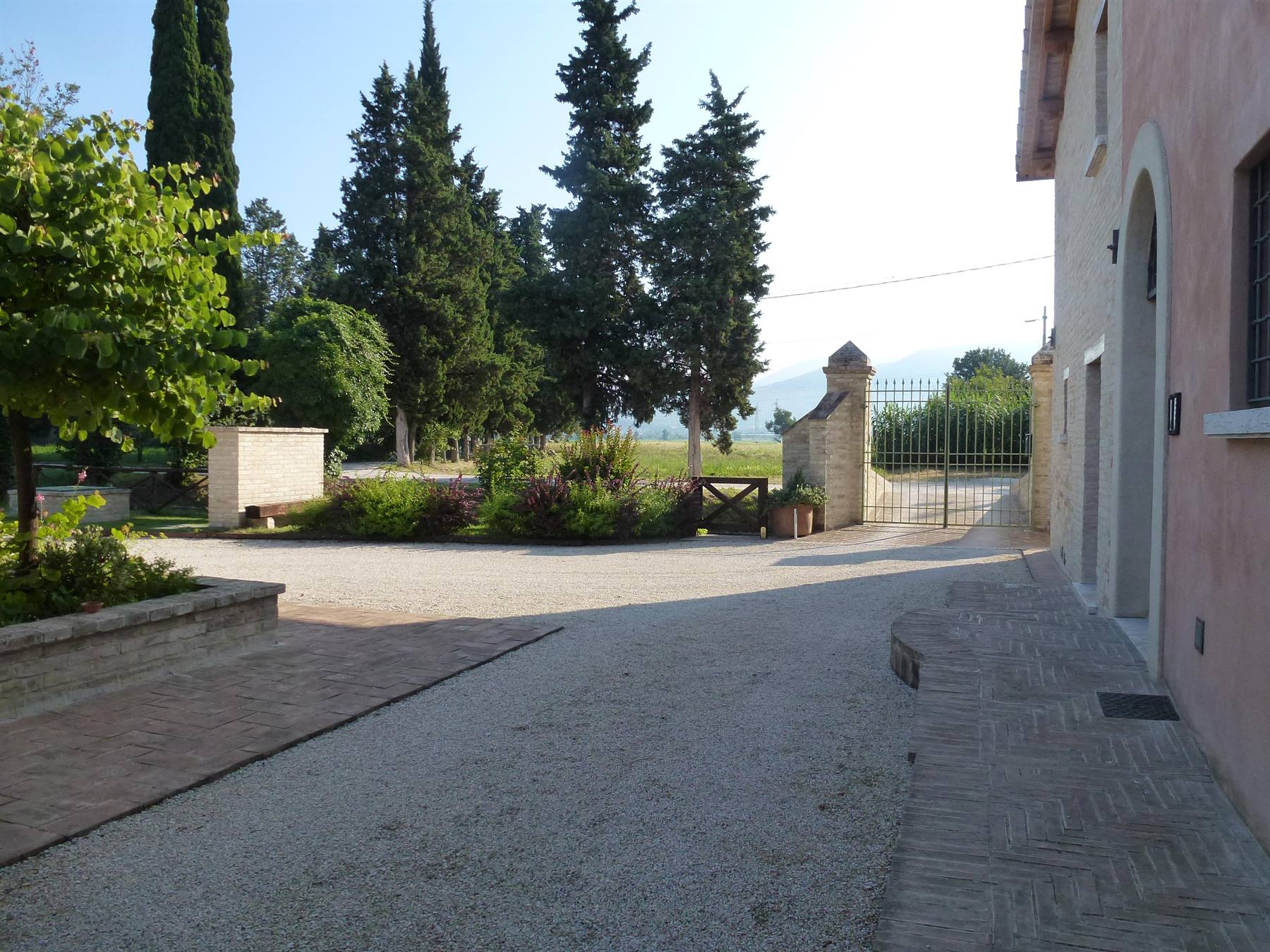 Vialetto di ghiaia tra casa rosa e cancello in ferro, cipressi alti sullo sfondo