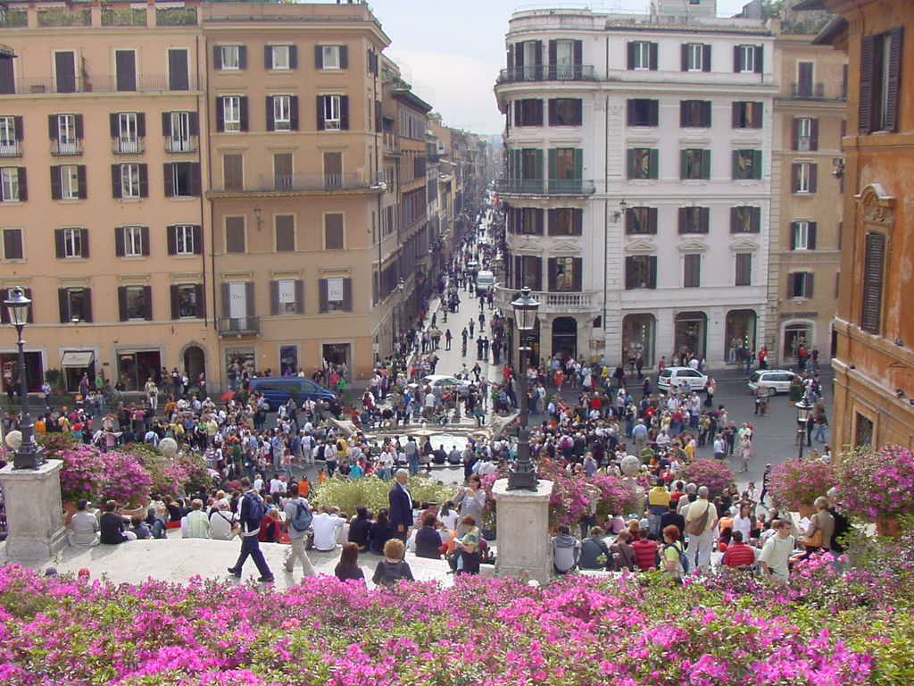 Piazza di Spagna a Roma affollata di turisti, azalee rosa in primo piano