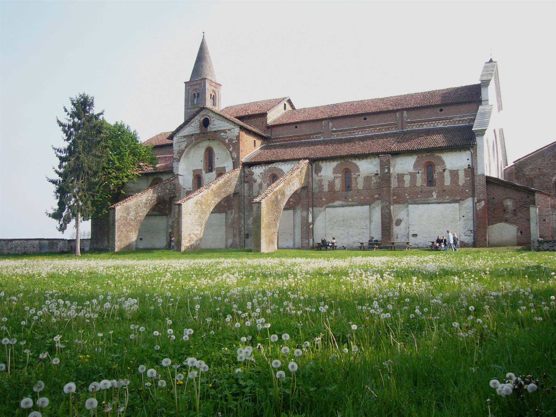 Abbazia di Staffarda, chiesa cistercense in mattoni tra prato fiorito e visitors