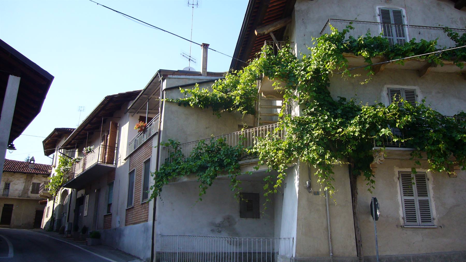 Case di paese con edera e vite sui balconi, luce solare