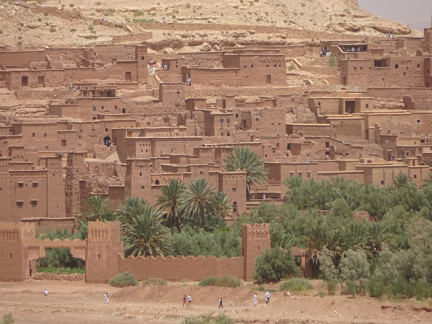 Villaggio in mattoni di terra davanti alla collina, palme, mura e persone a piedi, Ait Ben Haddou