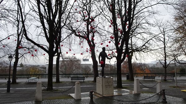 Una passeggiata autunnale tra cuori rossi appesi sugli alberi spogli.