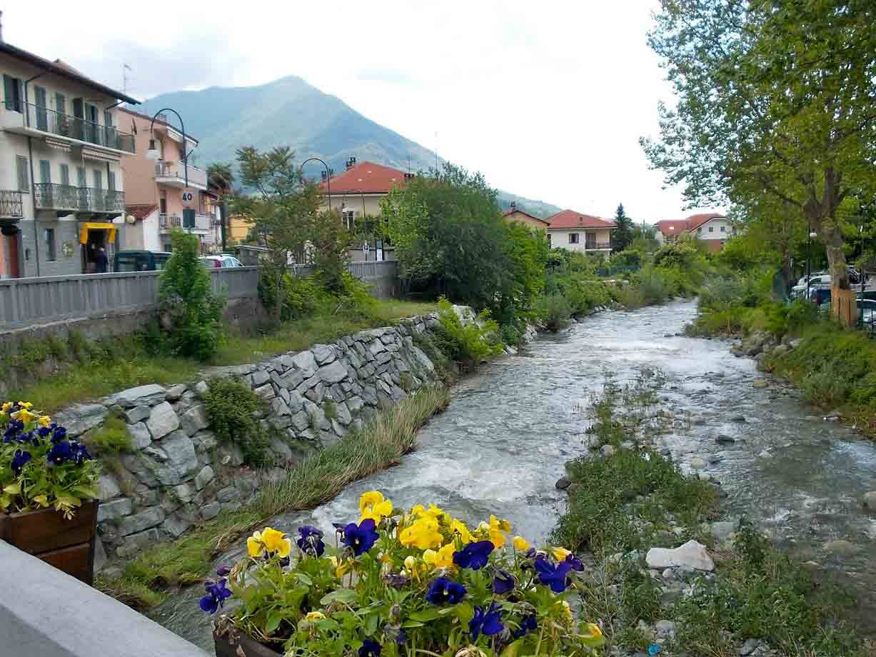 Fiume tra argini di pietra, pansé gialle e blu, case e montagna verde