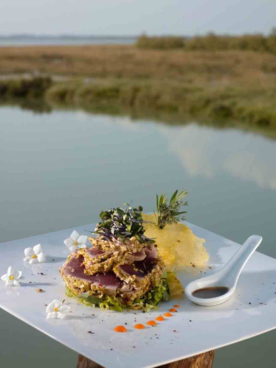 Piatto bianco con tonno croccante, erbe e salsa, davanti a laguna
