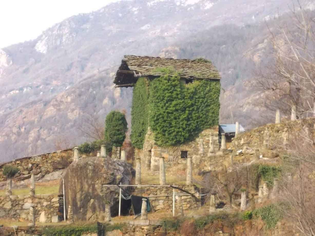 Rustico in pietra coperto d'edera con tetto in pietre, montagne sullo sfondo
