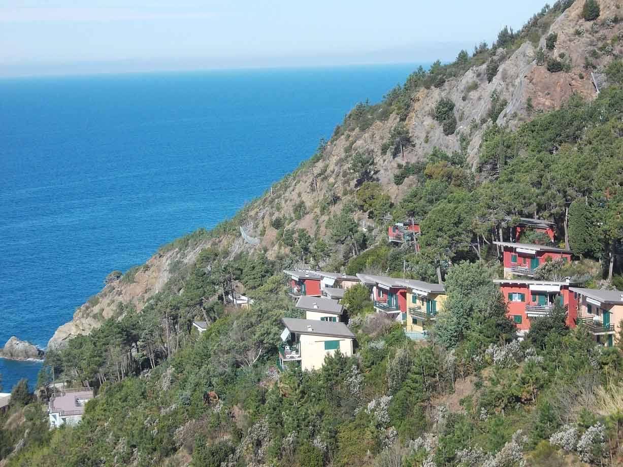 Case colorate tra gli alberi su un pendio sopra il mare azzurro
