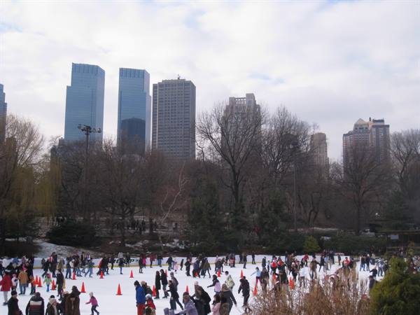 Wollman Rink Ice Skating sullo sfondo di uno Skyline mozzafiato