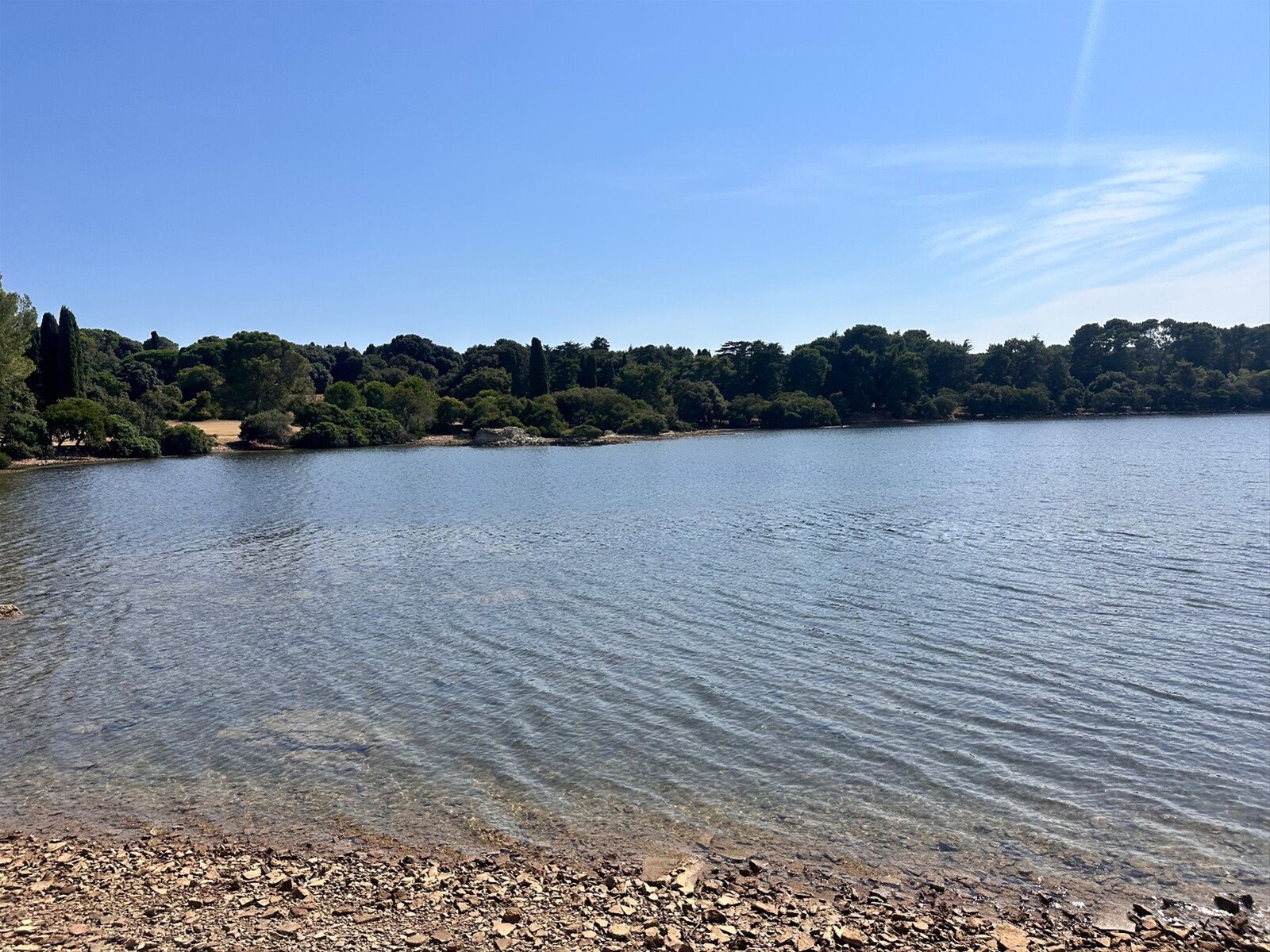 Acque tranquille e cielo azzurro: una pausa di pace in riva al lago.
