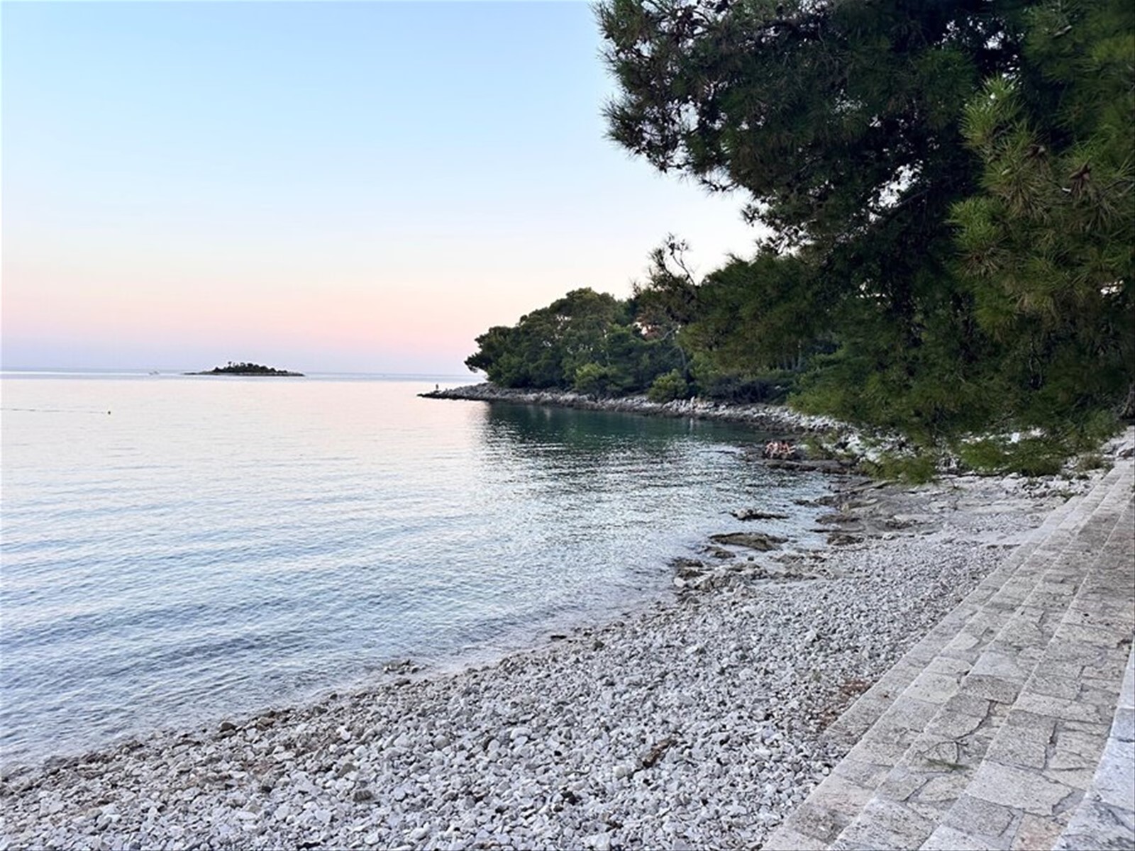 Tramonto quieto sulla costa tra i pini,guardando l'isolotto in lontananza